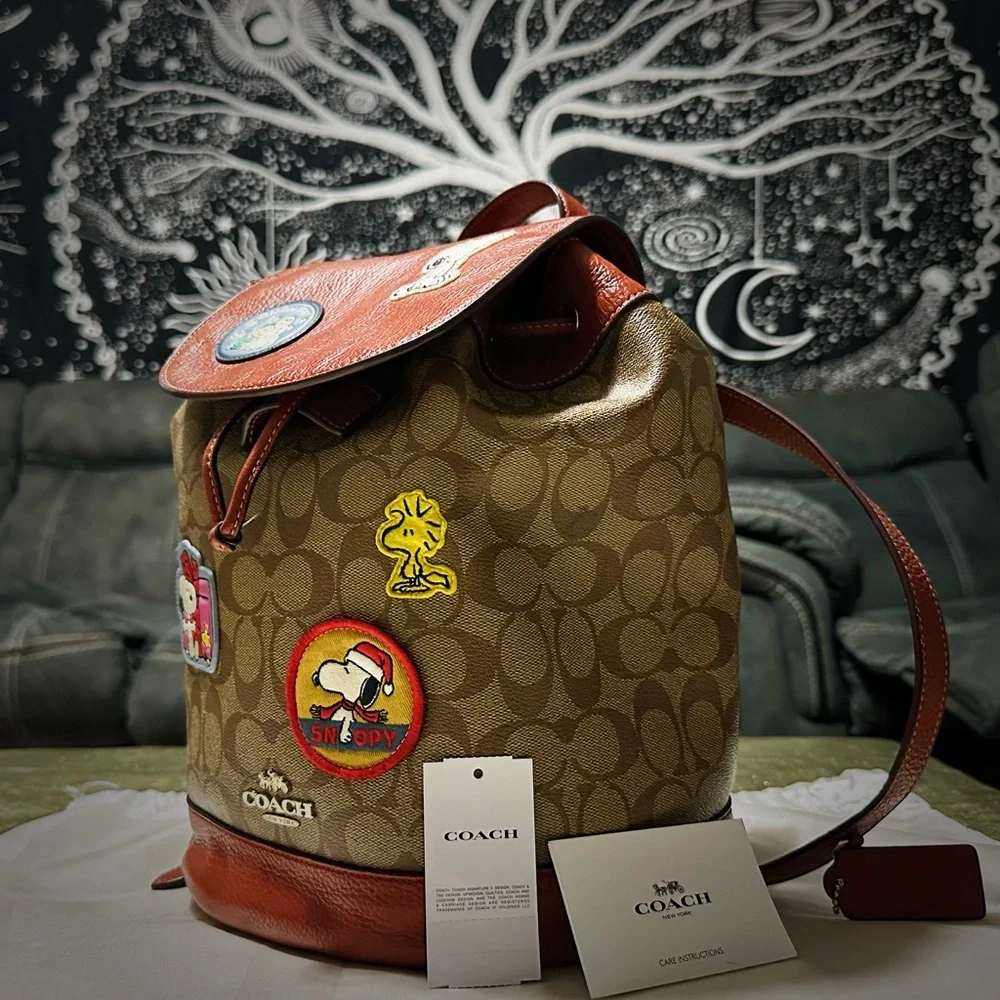 Coach Peanuts Snoopy Backpack Leather Backpack with Cartoon Patches - Picture 7 of 16